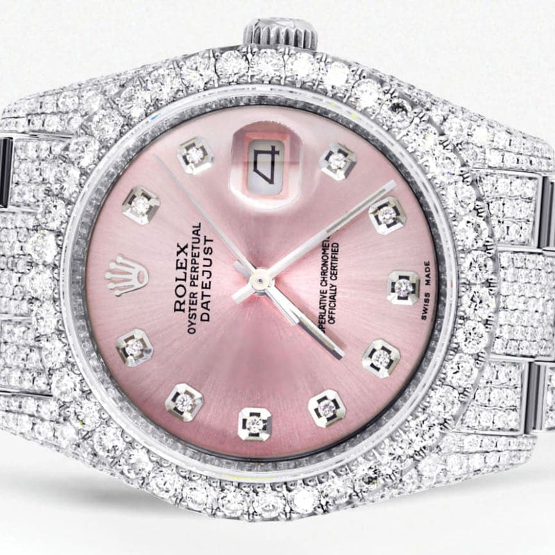 Iced Out Rolex Datejust 36 MM | Stainless Steel | 16.5 Carats of Diamonds | Pink Diamond Dial | Oyster Band | Model 116200