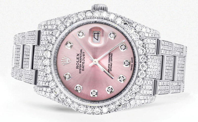 Iced Out Rolex Datejust 36 MM | Stainless Steel | 16.5 Carats of Diamonds | Pink Diamond Dial | Oyster Band | Model 116200