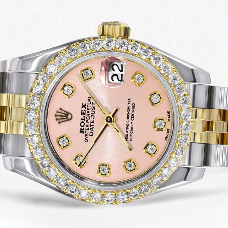 Womens Diamond Gold Hidden Clasp Rolex Watch | 1 Carat Bezel | 26Mm | Pink Dial | Jubilee Band | Model 179173