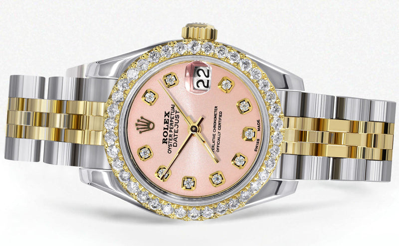 Womens Diamond Gold Hidden Clasp Rolex Watch | 1 Carat Bezel | 26Mm | Pink Dial | Jubilee Band | Model 179173