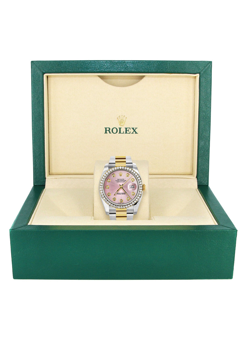 116233 | Diamond Gold Rolex Watch For Men | 36Mm | Pink Dial | Oyster Band