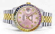 Diamond Gold Rolex Watch For Men 16233 | 36Mm | Rainbow Sapphire Bezel | Pink Dial | Jubilee Band