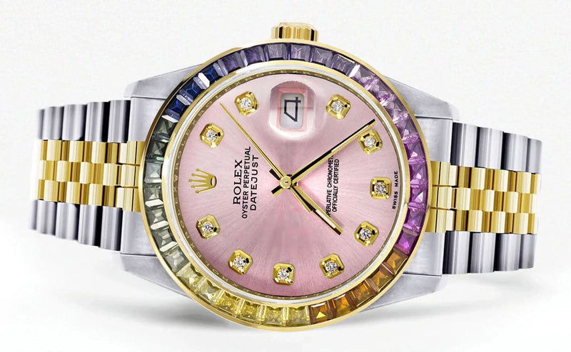 Diamond Gold Rolex Watch For Men 16233 | 36Mm | Rainbow Sapphire Bezel | Pink Dial | Jubilee Band
