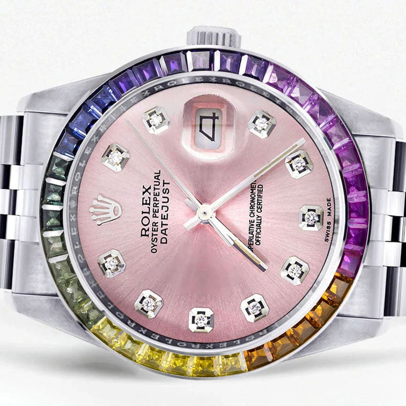 Diamond Gold Rolex Watch For Men 16200 | 36Mm | Rainbow Sapphire Bezel | Pink Dial | Jubilee Band