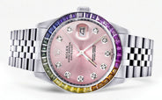 Diamond Gold Rolex Watch For Men 16200 | 36Mm | Rainbow Sapphire Bezel | Pink Dial | Jubilee Band