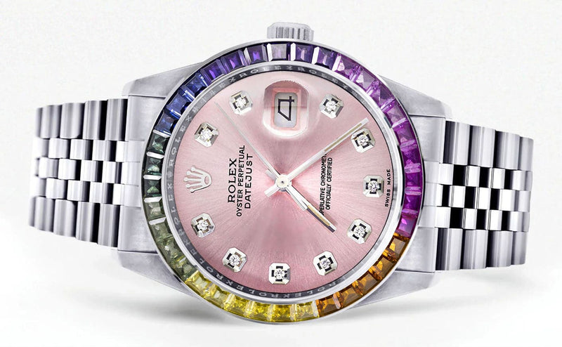 Diamond Gold Rolex Watch For Men 16200 | 36Mm | Rainbow Sapphire Bezel | Pink Dial | Jubilee Band