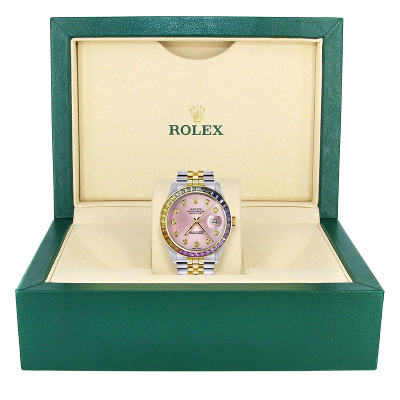 Diamond Gold Rolex Watch For Men 16233 | 36Mm | Rainbow Sapphire Bezel | Pink Dial | Jubilee Band