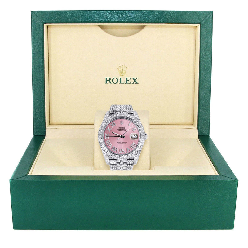 Diamond Iced Out Rolex Datejust 41 | 25 Carats Of Diamonds | Custom Pink Roman Numeral Diamond Dial | Two Row | Jubilee Band