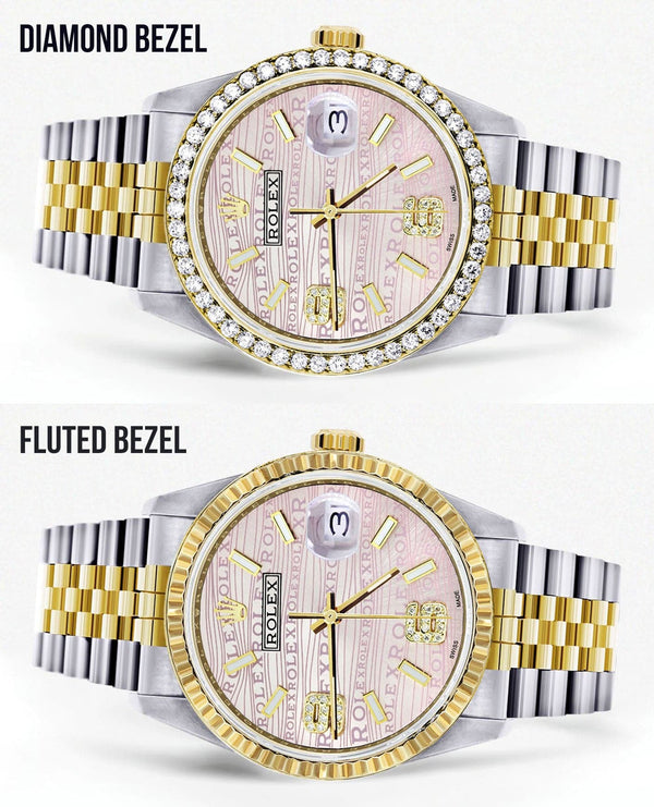 Gold & Steel Rolex Datejust Watch 16233 for Men | 36Mm | Custom Diamond Pink Dial | Jubilee Band