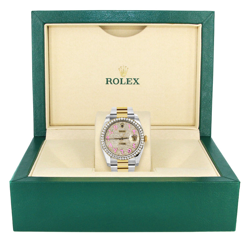 116233 | Diamond Gold Rolex Watch For Men | 36MM | Pink Arabic Diamond Dial | Oyster Band