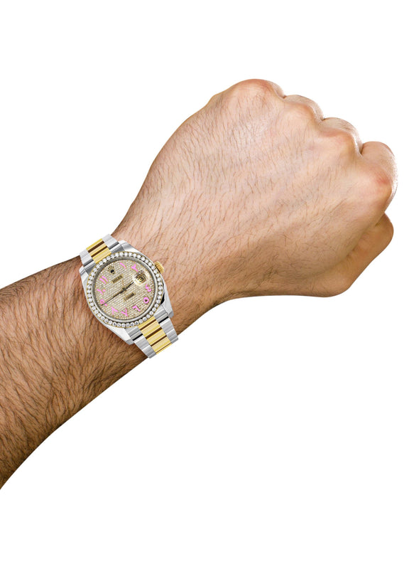 116233 | Diamond Gold Rolex Watch For Men | 36MM | Pink Arabic Diamond Dial | Oyster Band