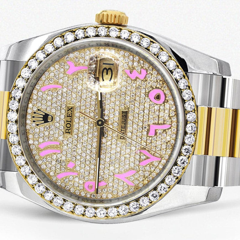 116233 | Diamond Gold Rolex Watch For Men | 36MM | Pink Arabic Diamond Dial | Oyster Band
