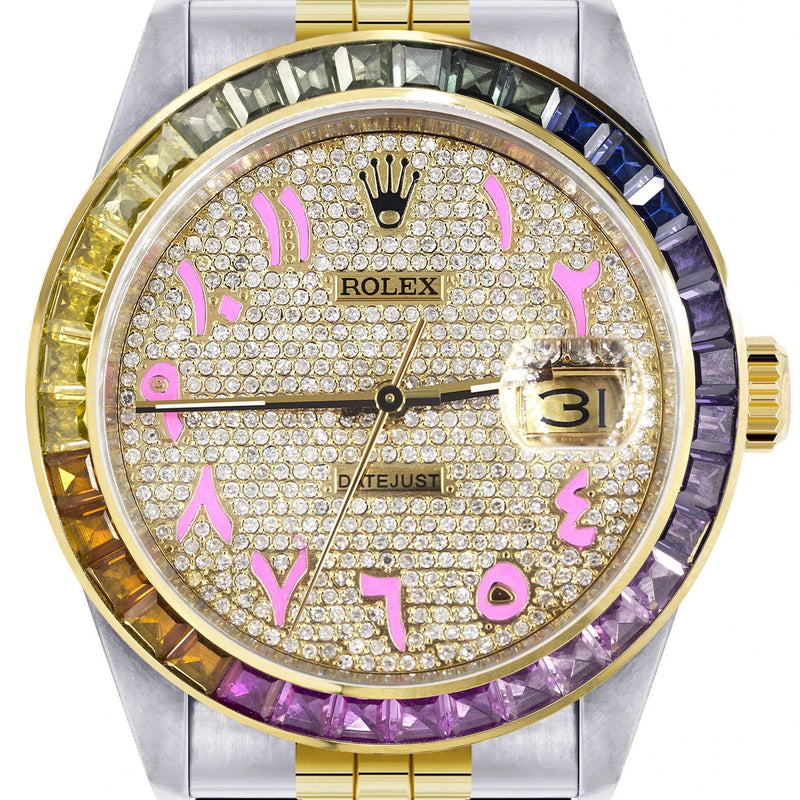 Diamond Gold Rolex Watch For Men 16233 | 36Mm | Rainbow Sapphire Bezel | Iced Out Pink Arabic Numeral Dial | Jubilee Band