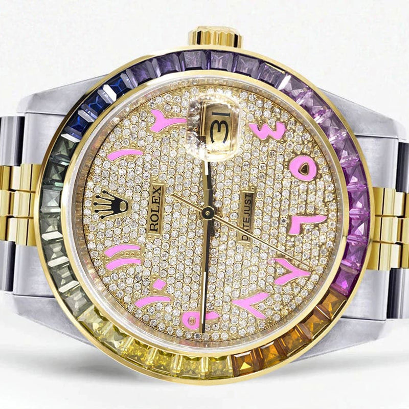 Diamond Gold Rolex Watch For Men 16233 | 36Mm | Rainbow Sapphire Bezel | Iced Out Pink Arabic Numeral Dial | Jubilee Band