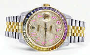 Diamond Gold Rolex Watch For Men 16233 | 36Mm | Rainbow Sapphire Bezel | Iced Out Pink Arabic Numeral Dial | Jubilee Band