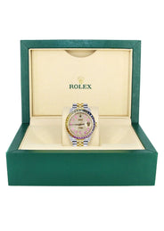 Diamond Gold Rolex Watch For Men 16233 | 36Mm | Rainbow Sapphire Bezel | Iced Out Pink Arabic Numeral Dial | Jubilee Band