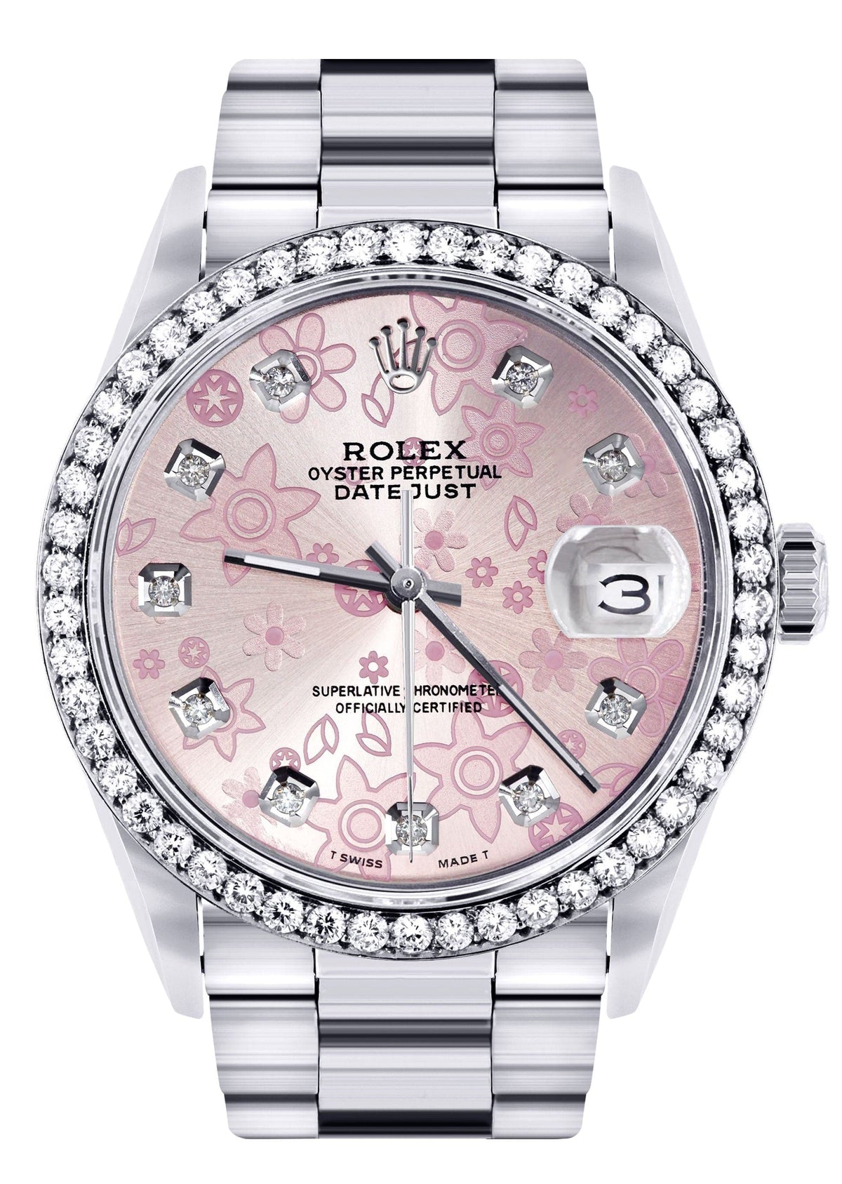 Diamond Mens Rolex Datejust Watch 16200 | 36MM | Pink Flower Diamond Dial | Oyster Band