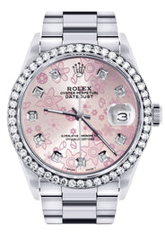Diamond Mens Rolex Datejust Watch 16200 | 36MM | Pink Flower Diamond Dial | Oyster Band