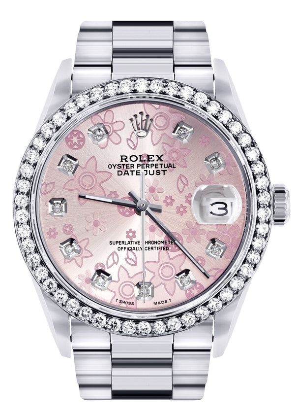 Diamond Mens Rolex Datejust Watch 16200 | 36MM | Pink Flower Diamond Dial | Oyster Band