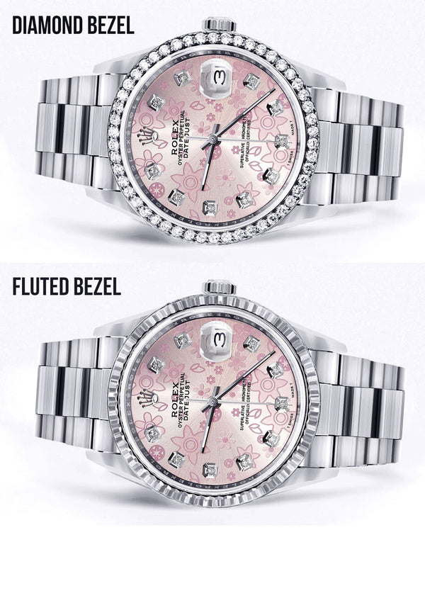 Diamond Mens Rolex Datejust Watch 16200 | 36MM | Pink Flower Diamond Dial | Oyster Band