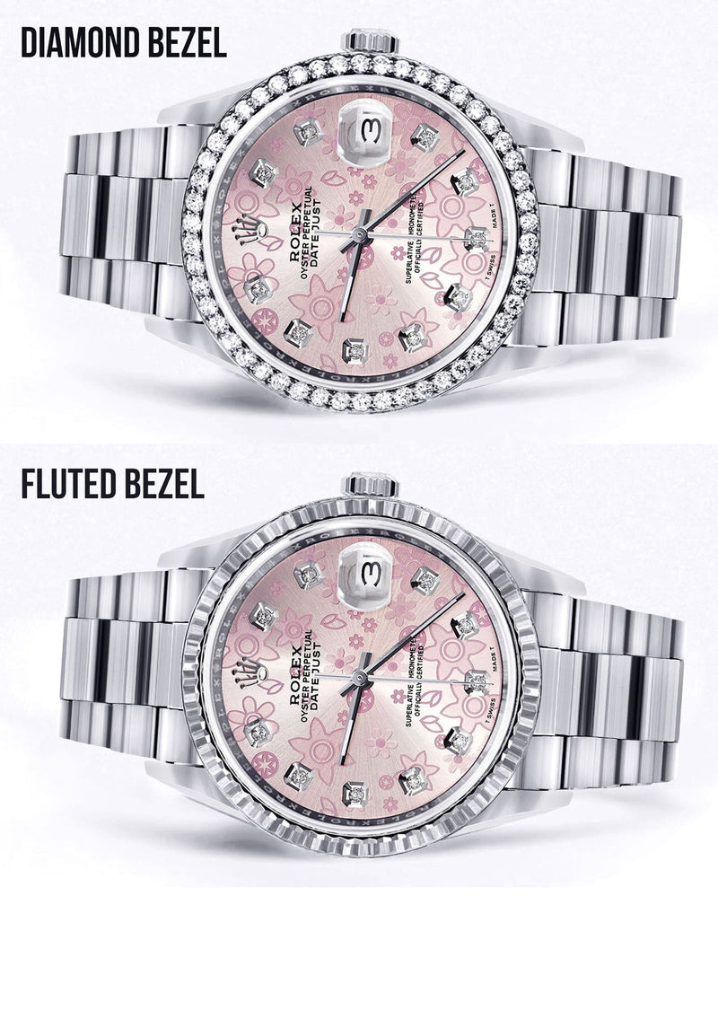 Diamond Mens Rolex Datejust Watch 16200 | 36MM | Pink Flower Diamond Dial | Oyster Band
