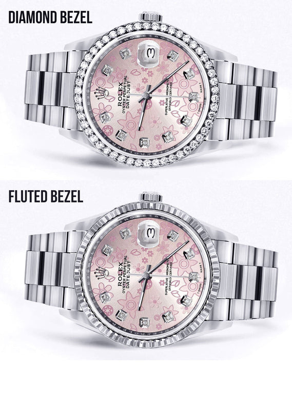 Diamond Mens Rolex Datejust Watch 16200 | 36MM | Pink Flower Diamond Dial | Oyster Band