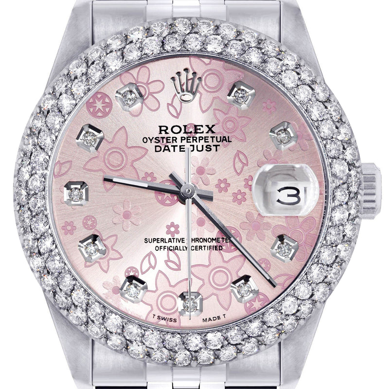 Mens Rolex Datejust Watch 16200 | 36Mm | Pink Flower Dial | Two Row 4.25 Carat Bezel | Jubilee Band