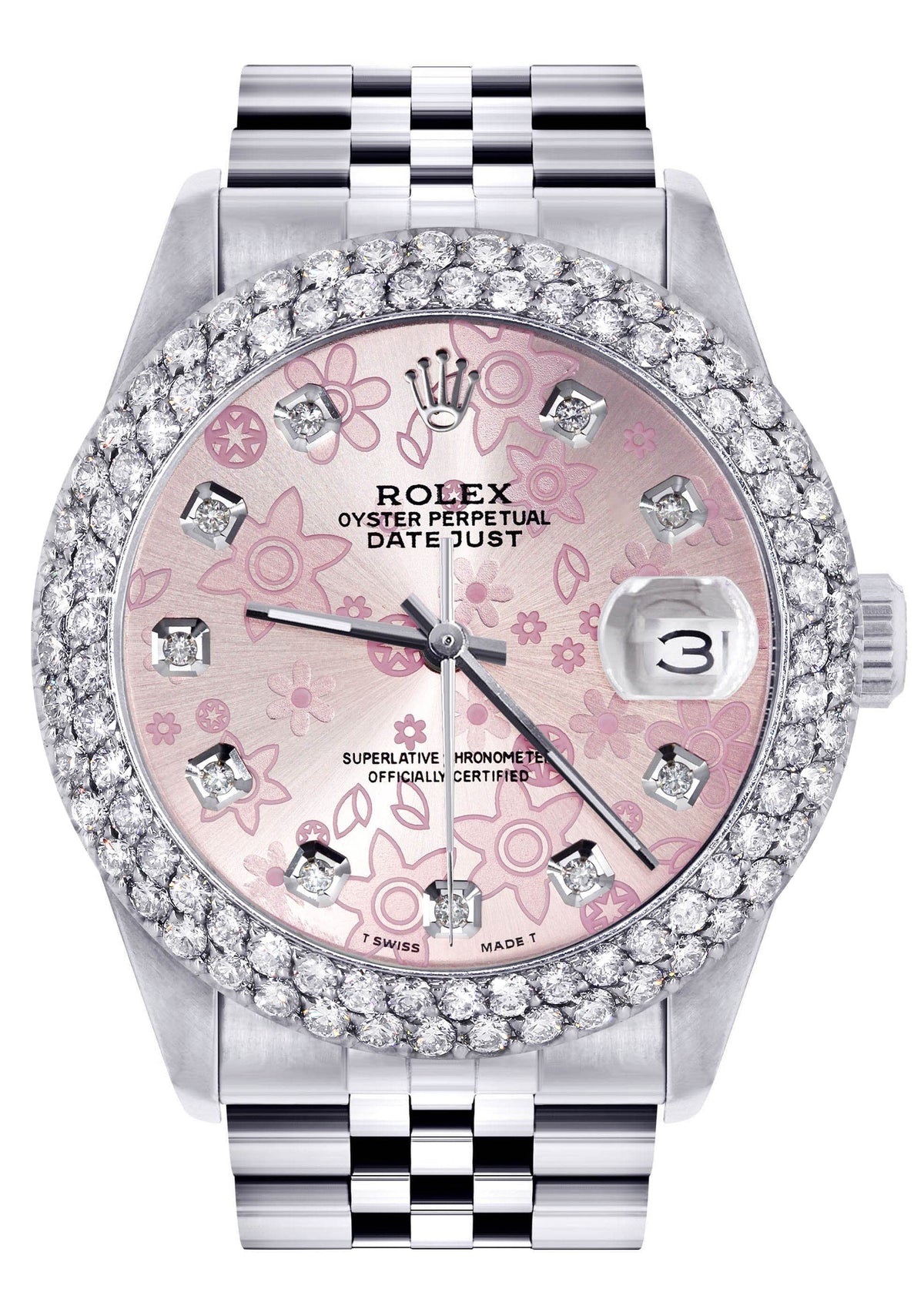 Mens Rolex Datejust Watch 16200 | 36Mm | Pink Flower Dial | Two Row 4.25 Carat Bezel | Jubilee Band