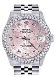 Mens Rolex Datejust Watch 16200 | 36Mm | Pink Flower Dial | Two Row 4.25 Carat Bezel | Jubilee Band