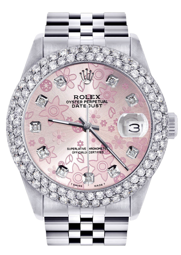 Mens Rolex Datejust Watch 16200 | 36Mm | Pink Flower Dial | Two Row 4.25 Carat Bezel | Jubilee Band