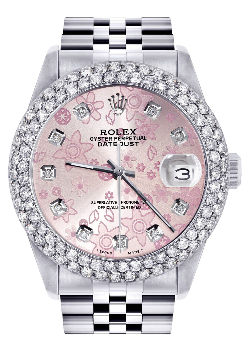 Mens Rolex Datejust Watch 16200 | 36Mm | Pink Flower Dial | Two Row 4.25 Carat Bezel | Jubilee Band