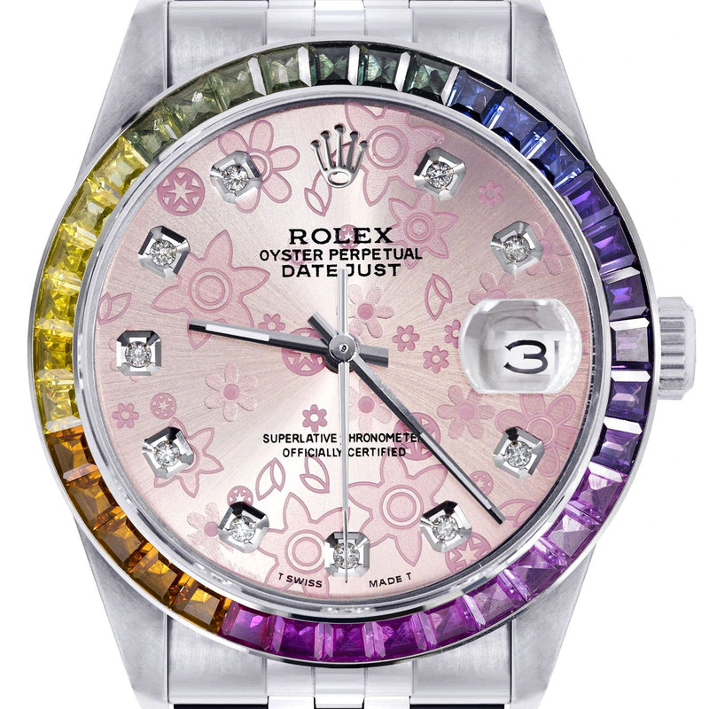 Diamond Gold Rolex Watch For Men 16200 | 36Mm | Rainbow Sapphire Bezel | Pink Flower Pattern Dial | Jubilee Band
