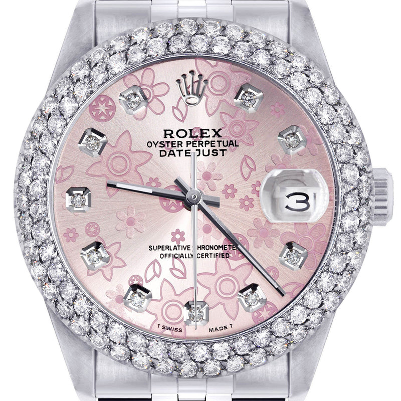 Womens Rolex Datejust Watch 16200 | 36Mm | Pink Flower Dial | Two Row 4.25 Carat Bezel | Jubilee Band