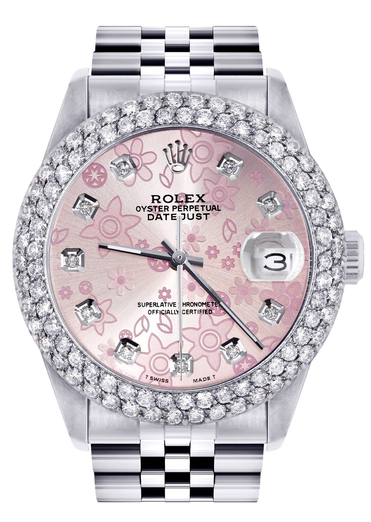 Womens Rolex Datejust Watch 16200 | 36Mm | Pink Flower Dial | Two Row 4.25 Carat Bezel | Jubilee Band