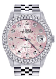 Womens Rolex Datejust Watch 16200 | 36Mm | Pink Flower Dial | Two Row 4.25 Carat Bezel | Jubilee Band