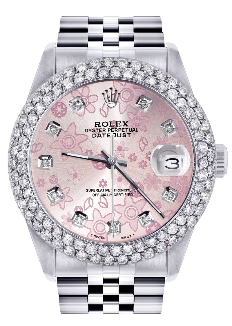 Womens Rolex Datejust Watch 16200 | 36Mm | Pink Flower Dial | Two Row 4.25 Carat Bezel | Jubilee Band