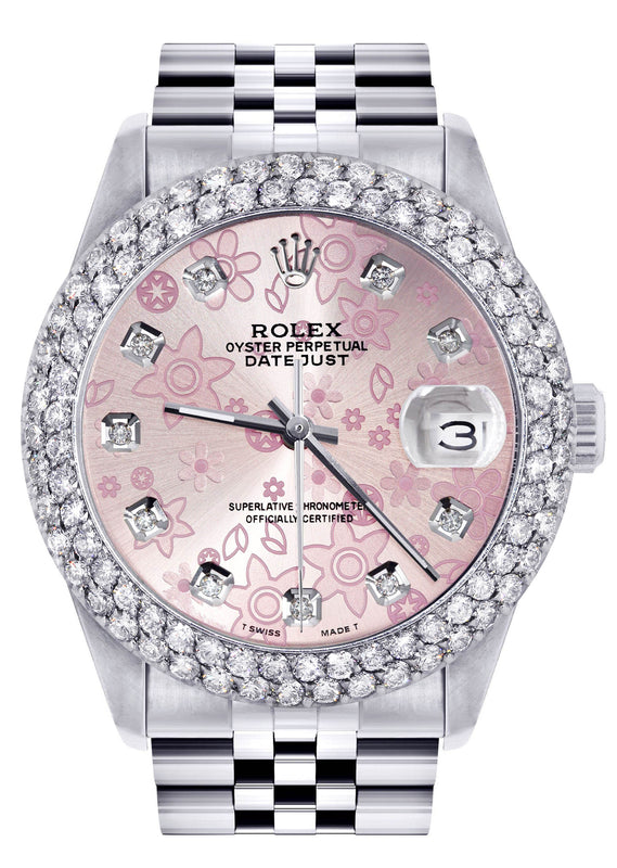 Womens Rolex Datejust Watch 16200 | 36Mm | Pink Flower Dial | Two Row 4.25 Carat Bezel | Jubilee Band