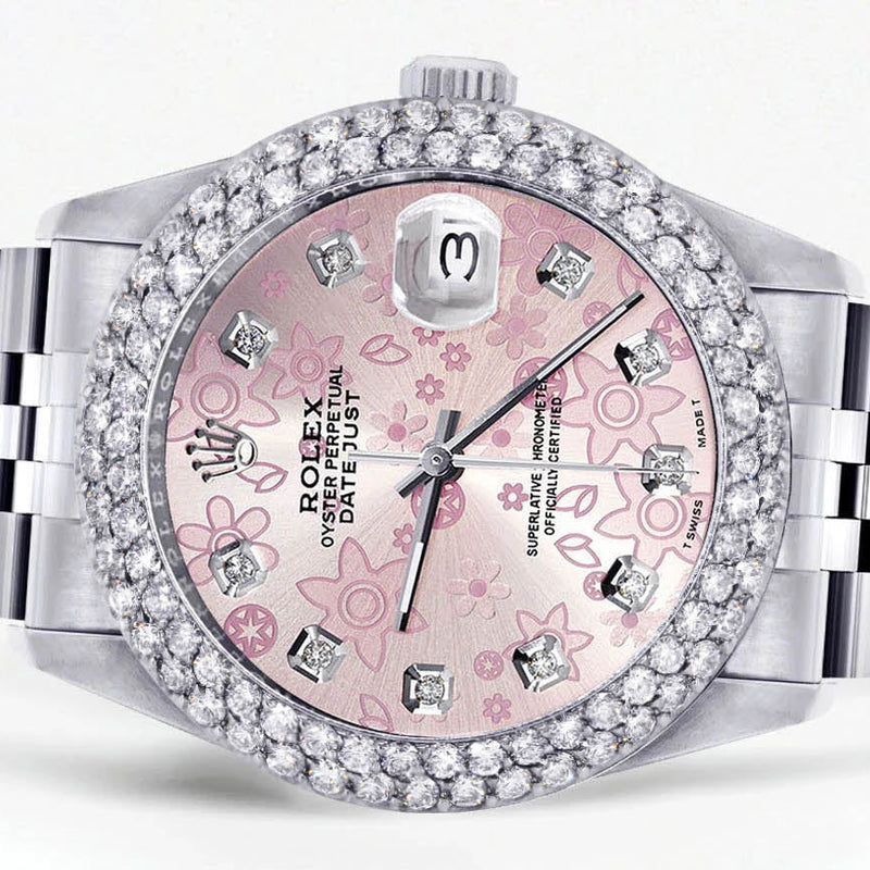 Womens Rolex Datejust Watch 16200 | 36Mm | Pink Flower Dial | Two Row 4.25 Carat Bezel | Jubilee Band