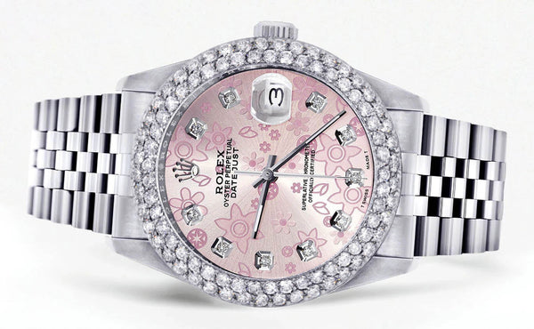 Womens Rolex Datejust Watch 16200 | 36Mm | Pink Flower Dial | Two Row 4.25 Carat Bezel | Jubilee Band