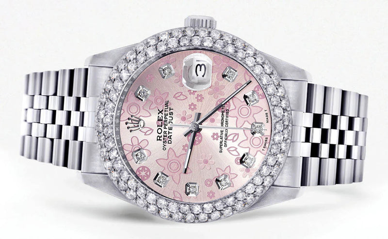 Womens Rolex Datejust Watch 16200 | 36Mm | Pink Flower Dial | Two Row 4.25 Carat Bezel | Jubilee Band