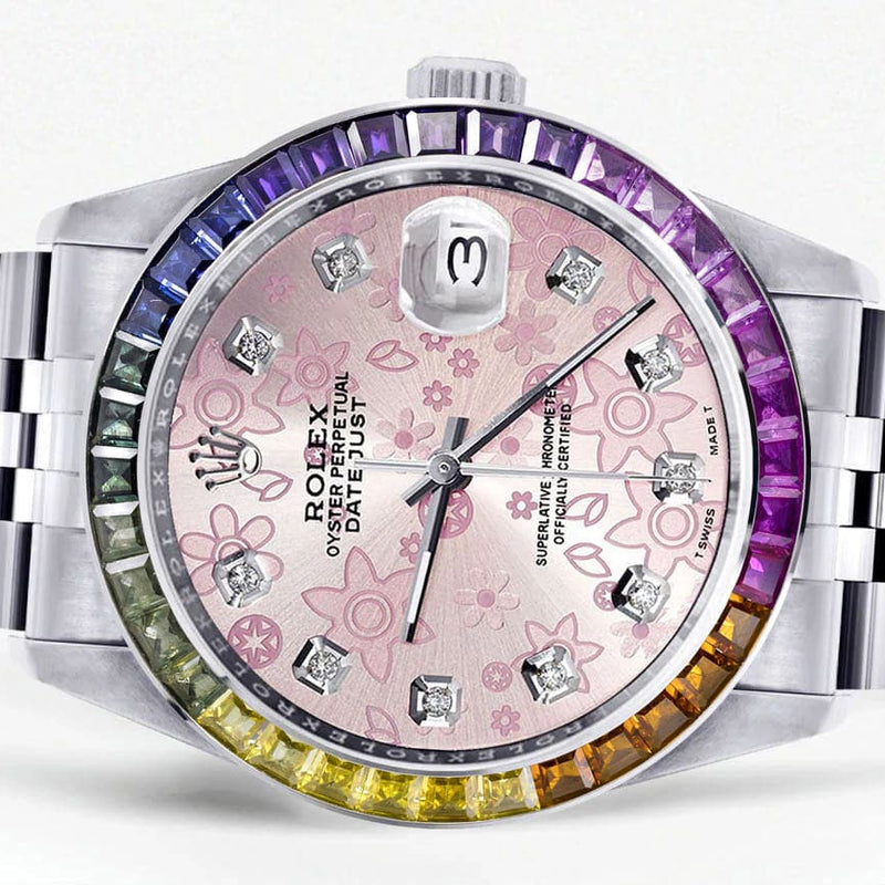 Diamond Gold Rolex Watch For Men 16200 | 36Mm | Rainbow Sapphire Bezel | Pink Flower Pattern Dial | Jubilee Band