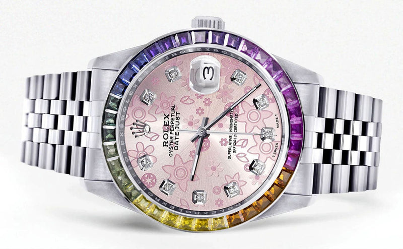 Diamond Gold Rolex Watch For Men 16200 | 36Mm | Rainbow Sapphire Bezel | Pink Flower Pattern Dial | Jubilee Band