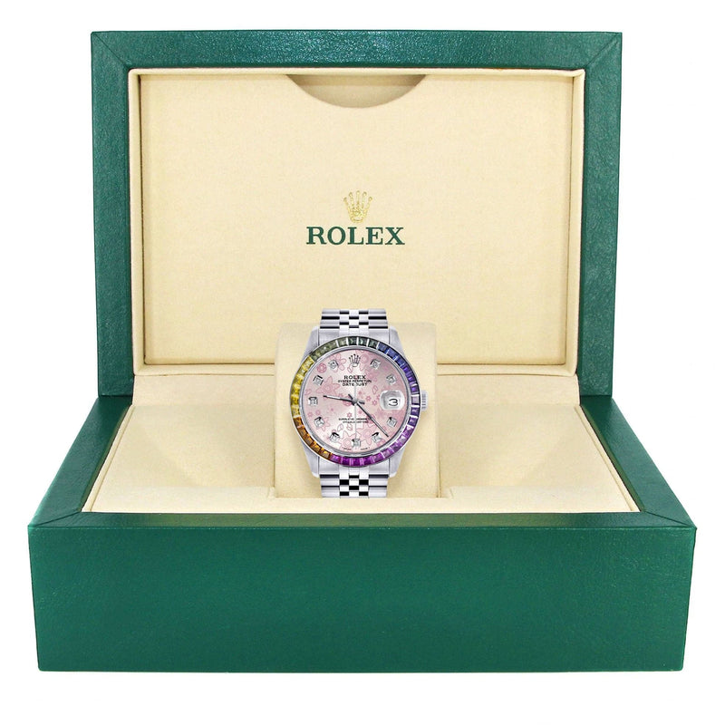 Diamond Gold Rolex Watch For Men 16200 | 36Mm | Rainbow Sapphire Bezel | Pink Flower Pattern Dial | Jubilee Band