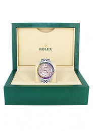 Diamond Gold Rolex Watch For Men 16200 | 36Mm | Rainbow Sapphire Bezel | Pink Flower Pattern Dial | Jubilee Band