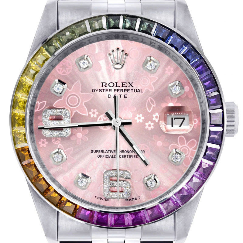 Diamond Gold Rolex Watch For Men 16200 | 36Mm | Rainbow Sapphire Bezel | Pink Flower Diamond Dial | Jubilee Band