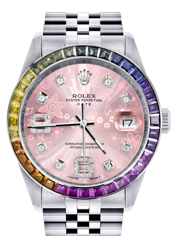 Diamond Gold Rolex Watch For Men 16200 | 36Mm | Rainbow Sapphire Bezel | Pink Flower Diamond Dial | Jubilee Band