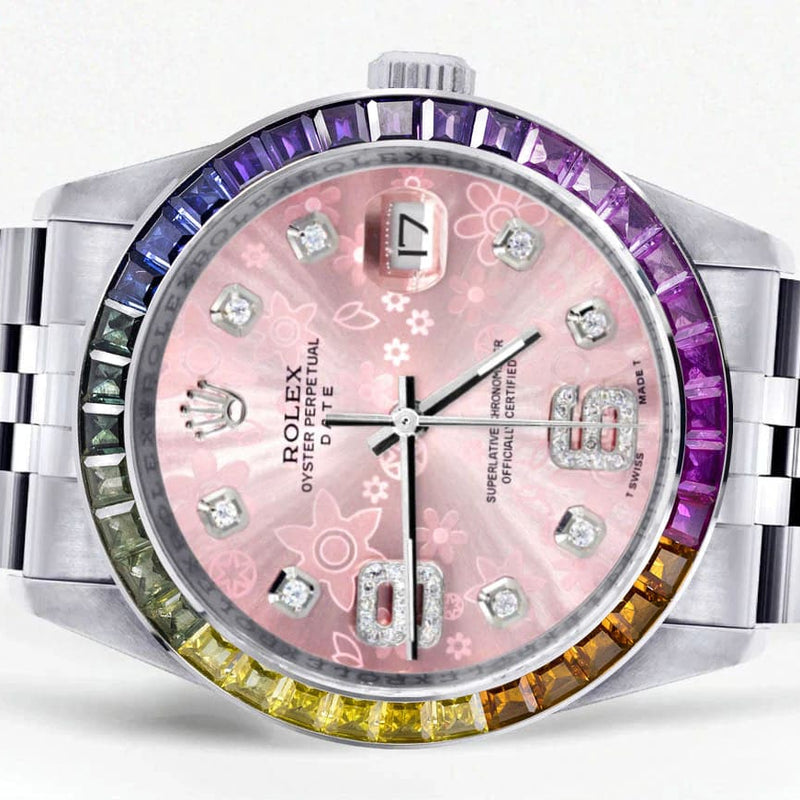 Diamond Gold Rolex Watch For Men 16200 | 36Mm | Rainbow Sapphire Bezel | Pink Flower Diamond Dial | Jubilee Band