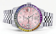 Diamond Gold Rolex Watch For Men 16200 | 36Mm | Rainbow Sapphire Bezel | Pink Flower Diamond Dial | Jubilee Band