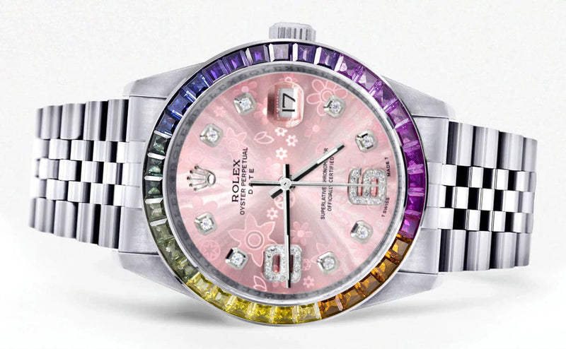 Diamond Gold Rolex Watch For Men 16200 | 36Mm | Rainbow Sapphire Bezel | Pink Flower Diamond Dial | Jubilee Band