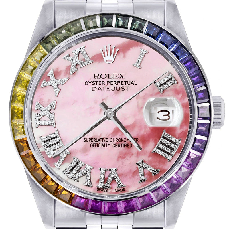 Diamond Gold Rolex Watch For Men 16200 | 36Mm | Rainbow Sapphire Bezel | Pink Mother Of Pearl Roman Numeral Dial | Jubilee Band